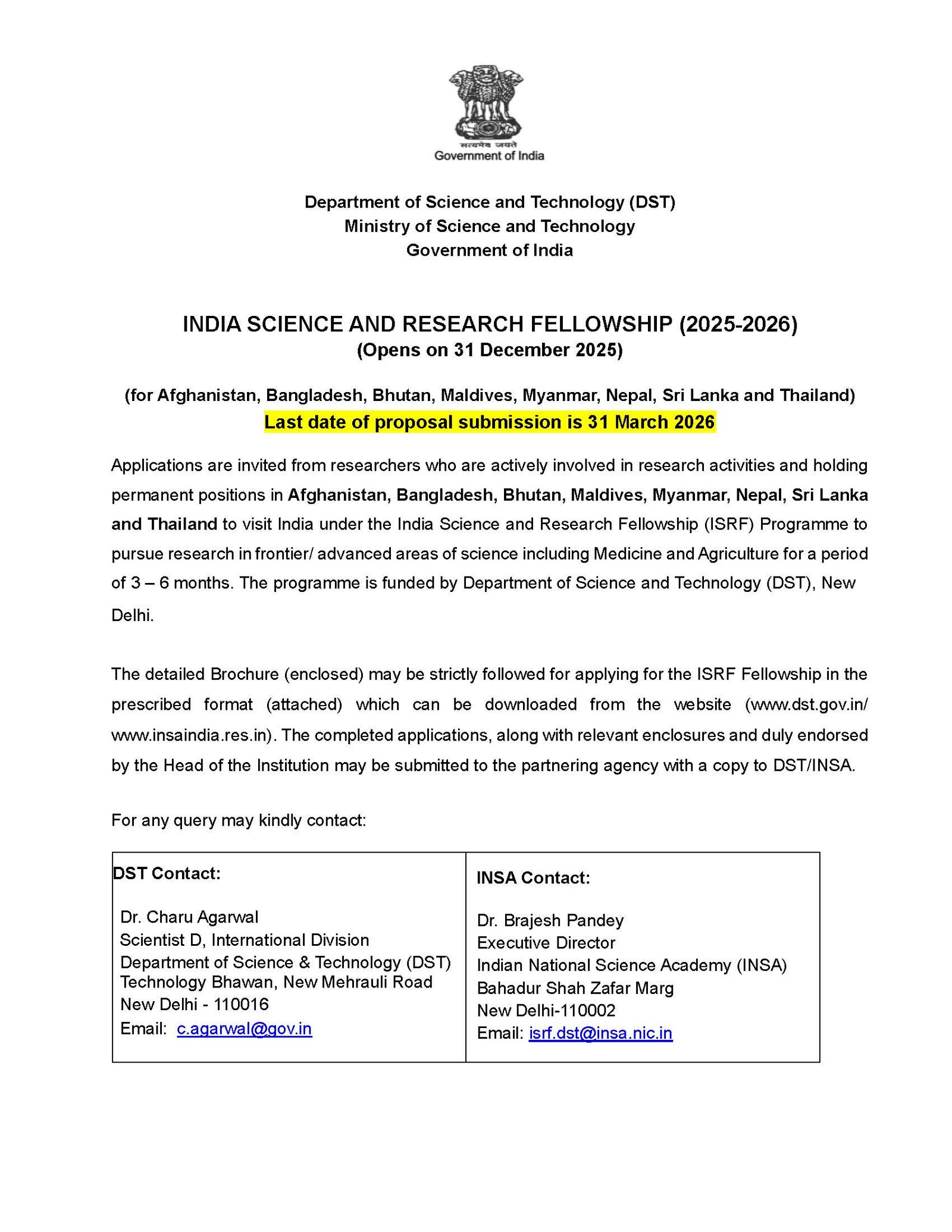 Call for Applications: India Science and Research Fellowship (ISRF) Programme 2025–26